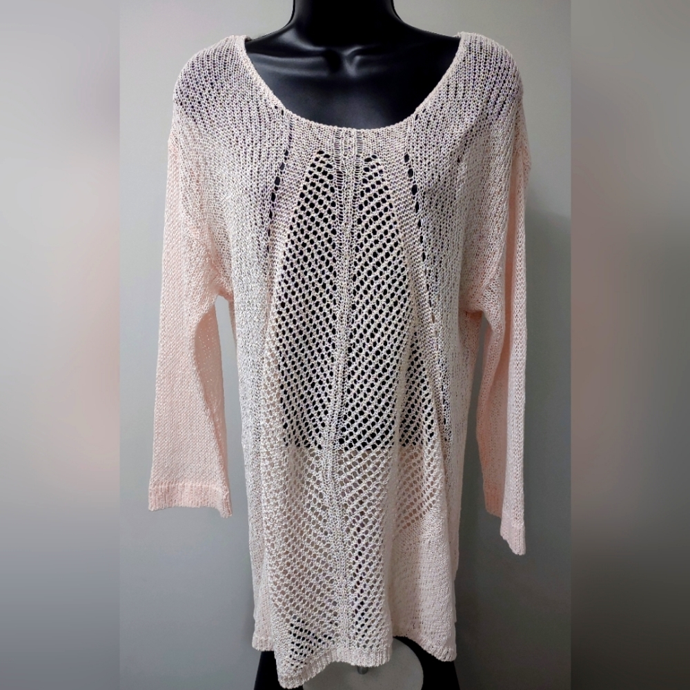 NWT ECI New York Open Knit Tunic Top, Long Sleeve, Blush, Size Extra Large